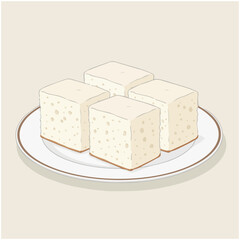 White Sugar Sponge Cake (白糖糕)
A simple flat vector drawing of translucent steamed white sugar cake slices on a plate. 