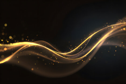 Abstract golden light waves with glowing particles on a dark background, creating a luxurious and dynamic atmosphere. Sparkling light, sparkle dust png.