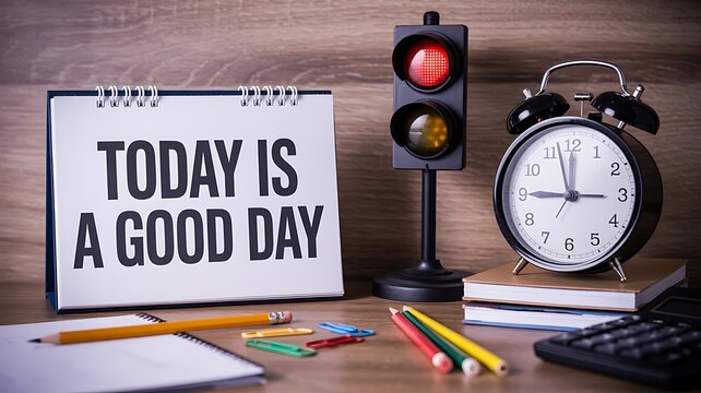 Positive affirmation for a productive day with traffic light and clock