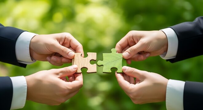 Business hands connecting puzzle pieces for sustainable partnership and teamwork