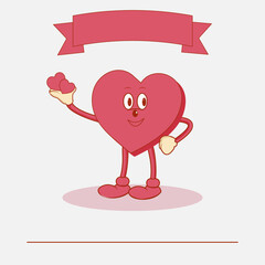 Smiling heart mascot with arms and legs, holding hearts in hand, text field, ribbon