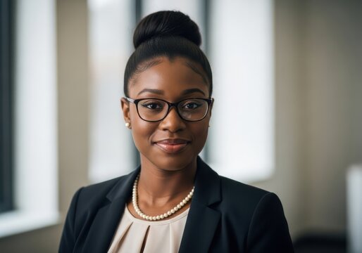 Professional african american woman with glasses and hair in a bun wearing a suit