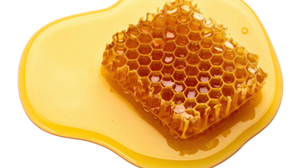Golden honeycomb fragment submerged in a pool of glistening, amber-colored honey