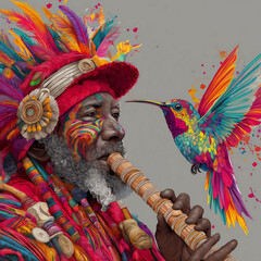 Fototapeta premium Vibrant Andean festival with indigenous musician in red and rainbow tones playing a siku and holding a ceremonial drum, adorned with festive paint, feathers, and ancestral ornaments, beside a radiant