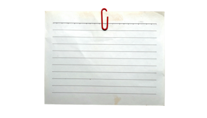 A lined paper pinned with a red clip against a stark black background