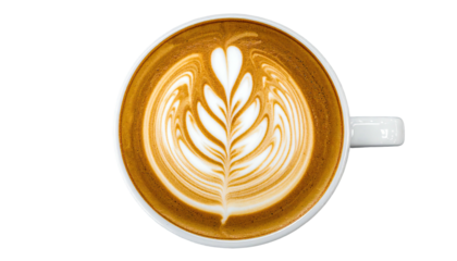 Overhead view of a cappuccino with leaf design on milk foam