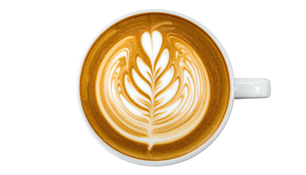 Overhead view of a cappuccino with leaf design on milk foam