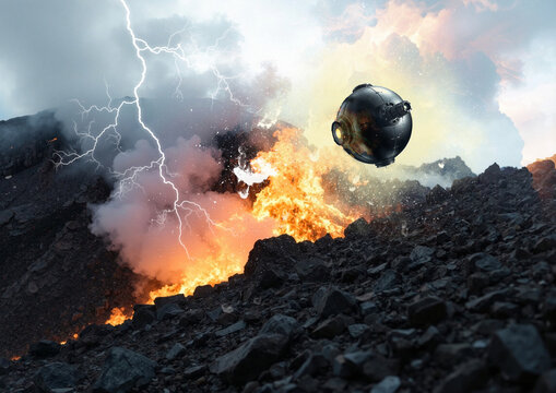 UAP flying over volcano, illustration