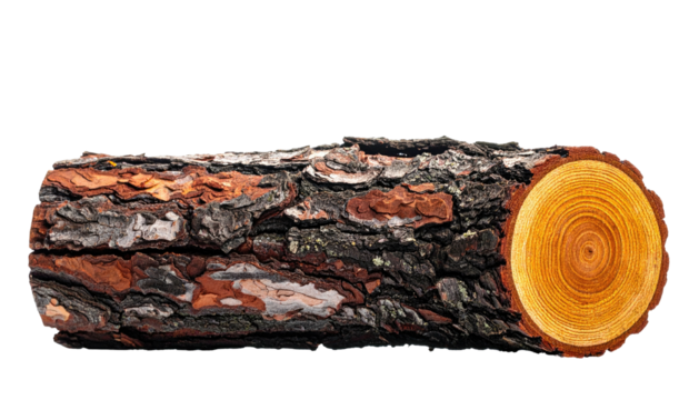 Close-up of a weathered log with a cut end showcasing growth rings on black