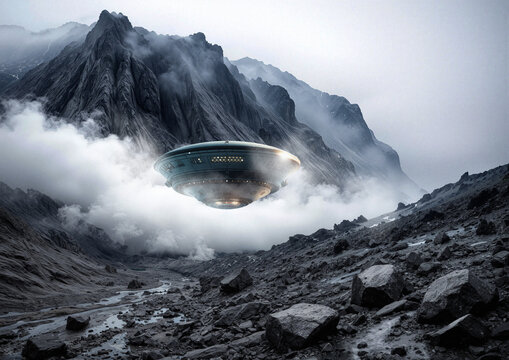 UAP flying over volcano, illustration