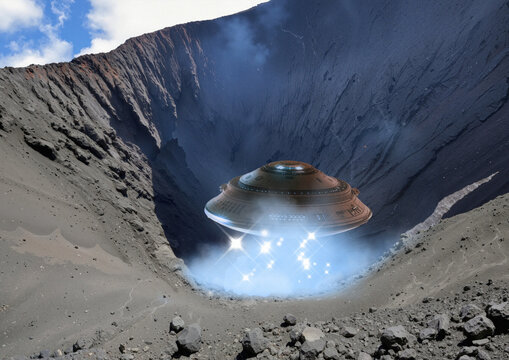 UAP flying over volcano, illustration