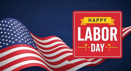 Happy labor day greeting with waving american flag on blue background