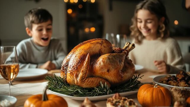 Thanksgiving dinner table with a roasted turkey centerpiece, joyful children interacting in the background, and warm autumn decorations. Family celebration, holiday tradition, festive gathering