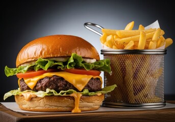 Juicy gourmet burger with melted cheese and crispy french fries in a basket