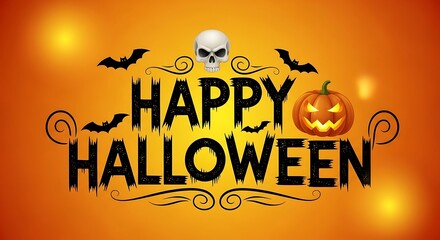 Happy halloween text with skull, bats, and pumpkin on an orange background