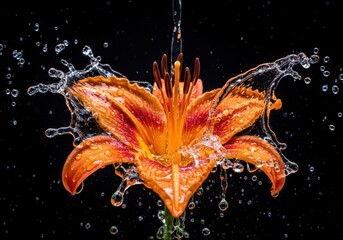 Vibrant orange lily petals splashed with water droplets on a dark background