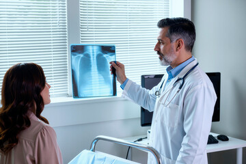 male doctor explaining chest X ray results to young woman patient in medical office, doctor holding pen and pointing at radiograph