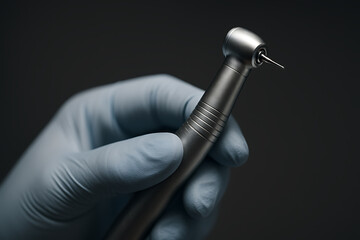 A macro shot of a gloved hand holding a sleek dental handpiece, its metallic body reflecting soft light. The image highlights precision, professional handling