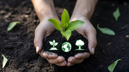 Hands holding soil with seedling and green icons representing plant earth and tree concept image