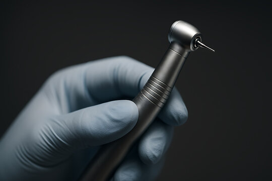 A macro shot of a gloved hand holding a sleek dental handpiece, its metallic body reflecting soft light. The image highlights precision, professional handling