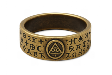 Ornate eye of providence ring with esoteric symbols