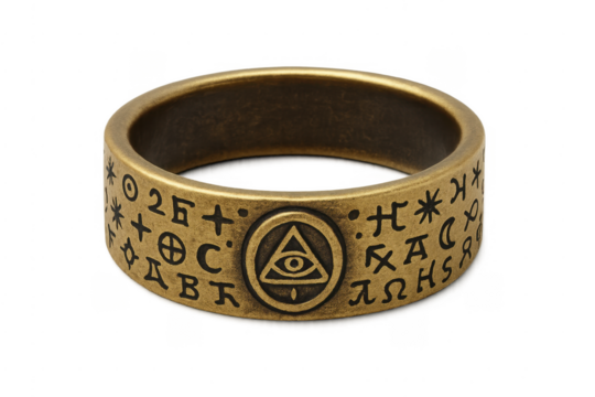 Ornate eye of providence ring with esoteric symbols
