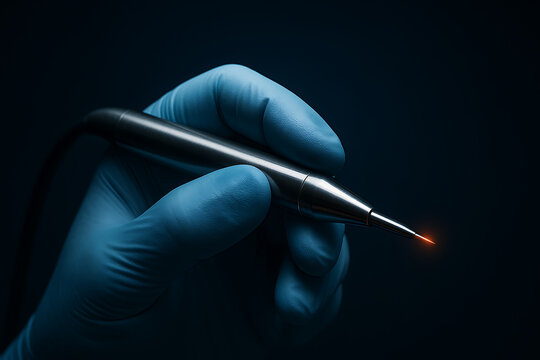 A blue-gloved hand grips a sleek metallic precision tool, its fine tip glowing with a pinpoint of light. The scene conveys advanced technology, controlled handling, and meticulous professional focus.