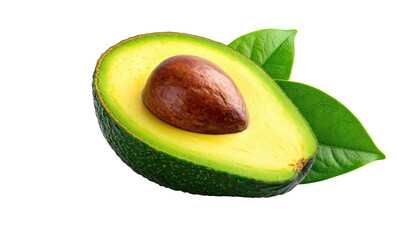 A halved avocado with seed, accompanied by two vibrant green leaves