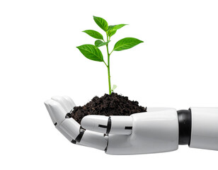 Robot hand holding a young plant against isolated free png background. Sustainable development in the field of agriculture and artificial intelligence