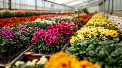 Fototapeta premium A wide shot of a greenhouse filled with colorful flowers, arranged in neat rows and ready for market