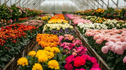 Fototapeta premium A wide shot of a greenhouse filled with colorful flowers, arranged in neat rows and ready for market