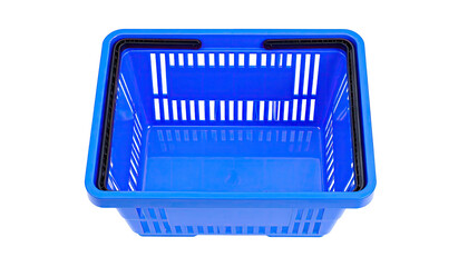 Overhead shot of an empty bright blue shopping basket with black handle grips