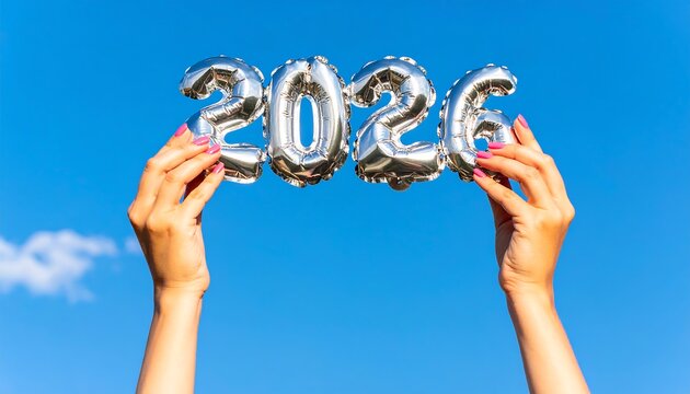 Hands Holding Silver 2026 Balloons Against Vibrant Blue Sky