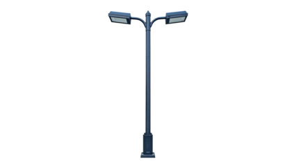 A tall, dark blue street lamp with two lights against a pure black background