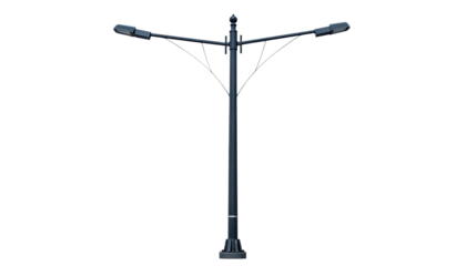Tall black streetlight against a black background, three angled arms with bulbs