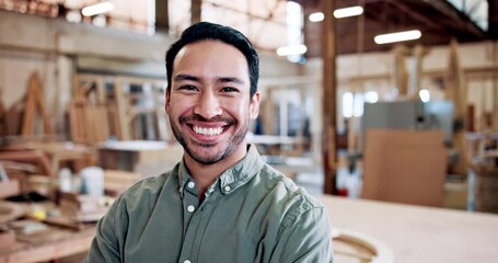 Face, man and carpenter with smile in warehouse for career pride, about us and manufacturing. Portrait, male person and artisan for furniture production, wood restoration and woodwork for maintenance - Powered by Adobe