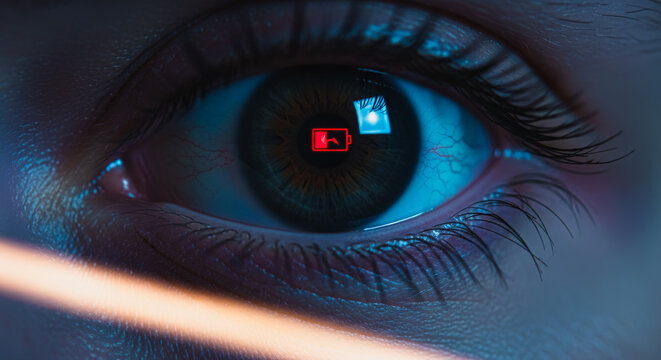 An eye, reflecting the red and blue glow of data, signifying the deep connection between technology and the human experience.  - Powered by Adobe