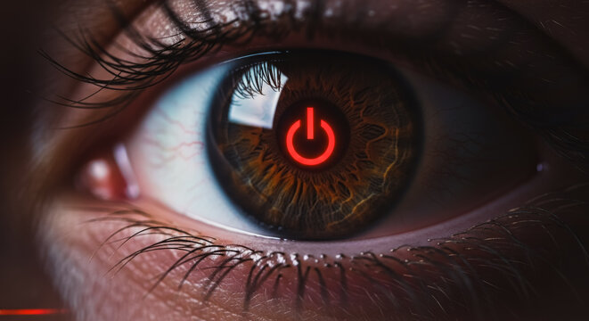 A captivating eye features the striking presence of a power button in its center, blending technology and human expression, a metaphor for control.