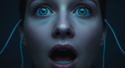 Intense close-up captures a woman's expression of astonishment, her illuminated blue eyes wide with surprise, with wires suggesting a technological interface. 