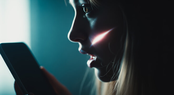 A young woman engrossed in her mobile phone, illuminated by the screen's glow, lost in the digital world. The stark lighting and intimate framing highlight her expression of engagement.