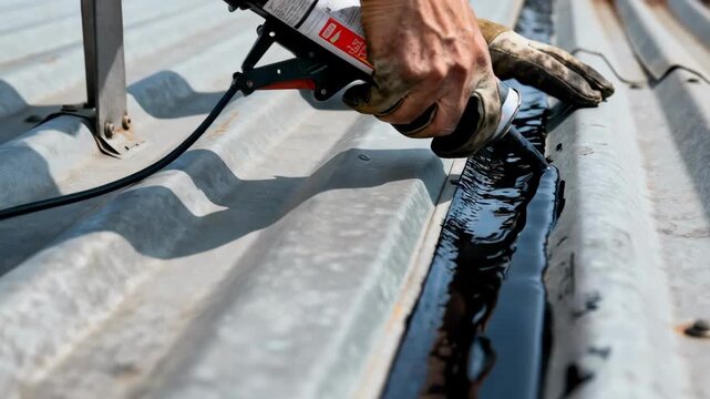 Closeup of hands applying a weatherproof sealant on a zinc roof seam protecting the metal against rust and environmental damage during routine maintenance.