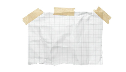 Crumpled gridded paper sheet secured with tape against a dark background
