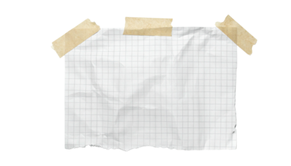 Crumpled gridded paper sheet secured with tape against a dark background