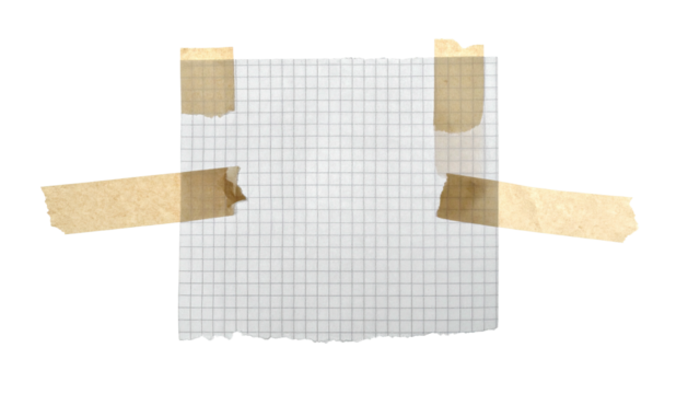 Square grid paper, taped to an unseen surface, with torn edges, on black
