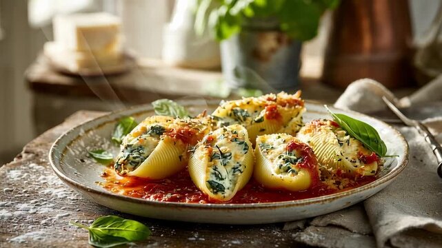 Delicate stuffed pasta shells with spinach and creamy cheese, served with rich tomato sauce 