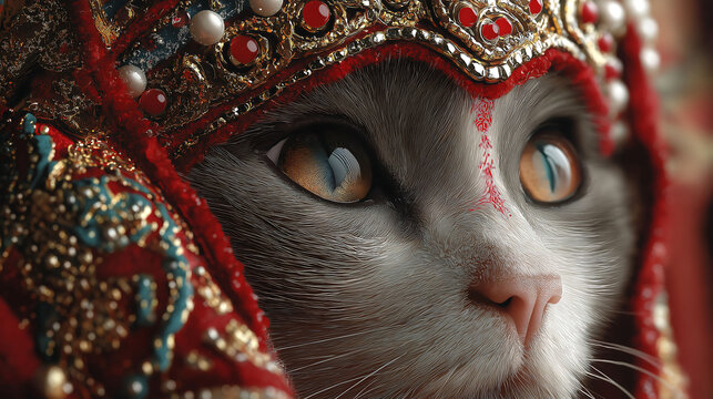Realistic photo of Chinese anthropomorphic female cat in Peking Opera costume, close-up of face