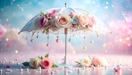 Stunning artistic umbrella adorned with soft pastel roses high resolution image