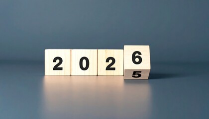 Wooden Blocks Displaying 2026, New Year Concept, Gray Background
