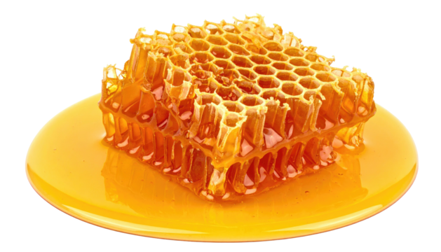 Golden, hexagonal honeycomb piece submerged in sweet, liquid gold on black - Powered by Adobe