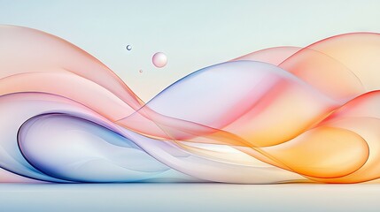 An abstract digital art piece featuring flowing, translucent waves in soft pastel colors like pink, orange, blue, and purple. Small, delicate bubbles float in t